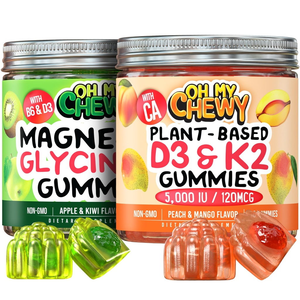 OH MY CHEWY Magnesium + D3K2 Gummies Bundle – 2 Bottles (60 Each) – Apple Kiwi & Peach Mango