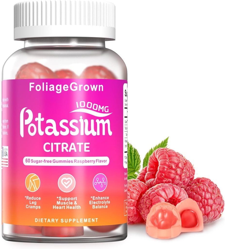 Suplemento de potasio Gummies 1000mg - Suplemento de potasio para los cárculos de las piernas, musculo y salud cardíaca - 1 mes Suplemento (60 Conde)