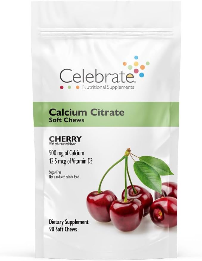 Celebrar vitaminas Bariatric 500mg Calcio Citar cerdas blandas con 500 UI Vitamina D3 – Esencial para el bypaso gástrico Pacientes " Bone Health - Sugar " Gluten Free, Cherry (90 Chews)