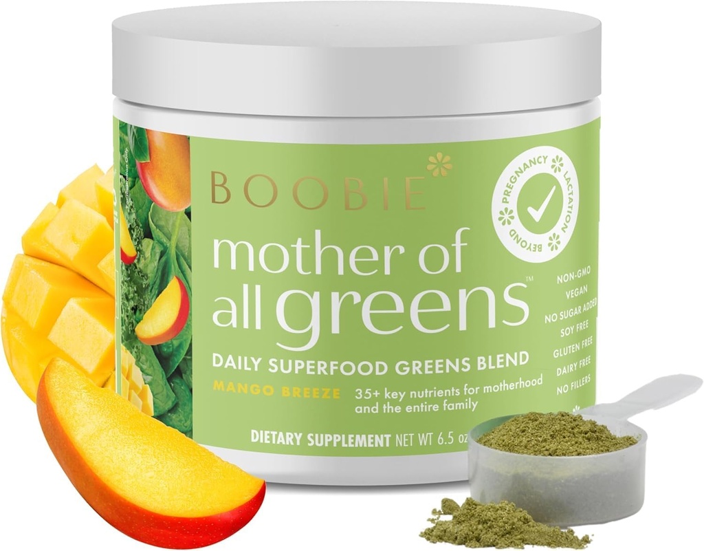 Boobie Madre de Todos los Verdes ← Tu nueva familia Ritual, Daily Super Greens Polvo con 35+ Nutrientes Esenciales para Mamás & Familias ← Vegan, Gluten Gratis, & Sugar Gratis ← Mango Flavor, 30 svgs