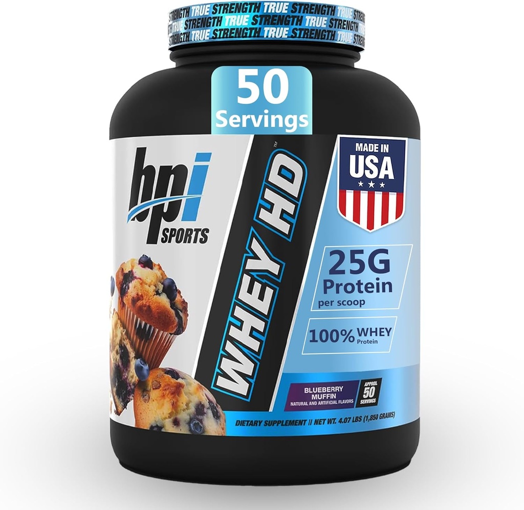 BPI Sports Whey HD Ultra Premium Protein Powder Isolate ¦ Workout Whey Protein Powder para Hombres &amp; Mujeres para la Ganancia Muscular ← Milk Protein Concentrates ← Blueberry Muffin, 4.07 libras