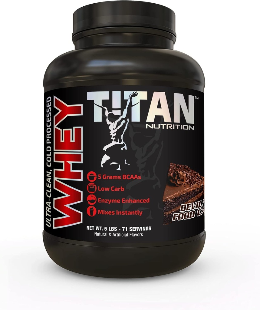 Titan Whey Protein Powder - Premium, Fast-Absorbing Whey con 23g de Protein, BCAAs, " Enzymes Digestivos Por Serving - Apoya Lean Muscle Mass " Optimal Digestion - 5 libras, Devils Food Cake