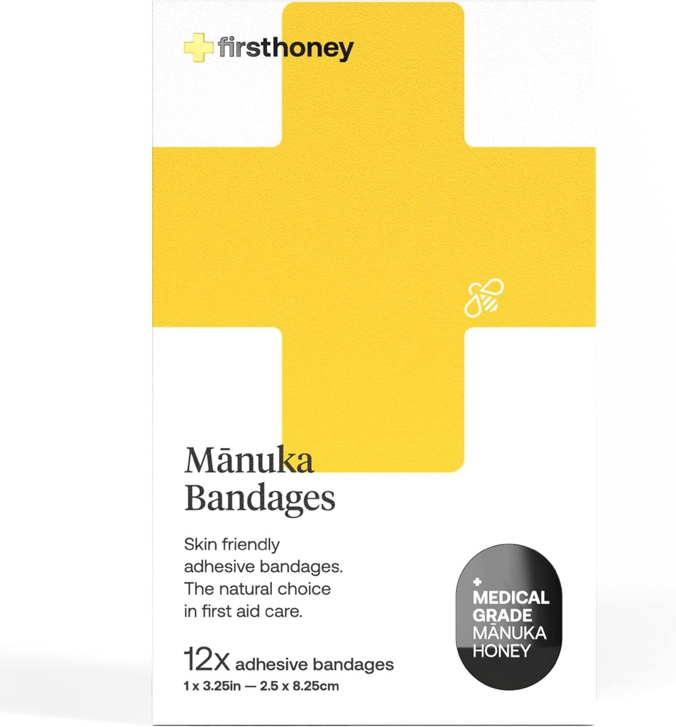 Primera Honey Manuka Honey Adhesive Bandages 12 Pack ← Latex Gratis, Antibiótico Ligero Libre Vestir Silencio Medical Grade Honey Adhesive Pads ← First Aid Care Burns, Cuts, Scrapes, Wounds, Lacerations