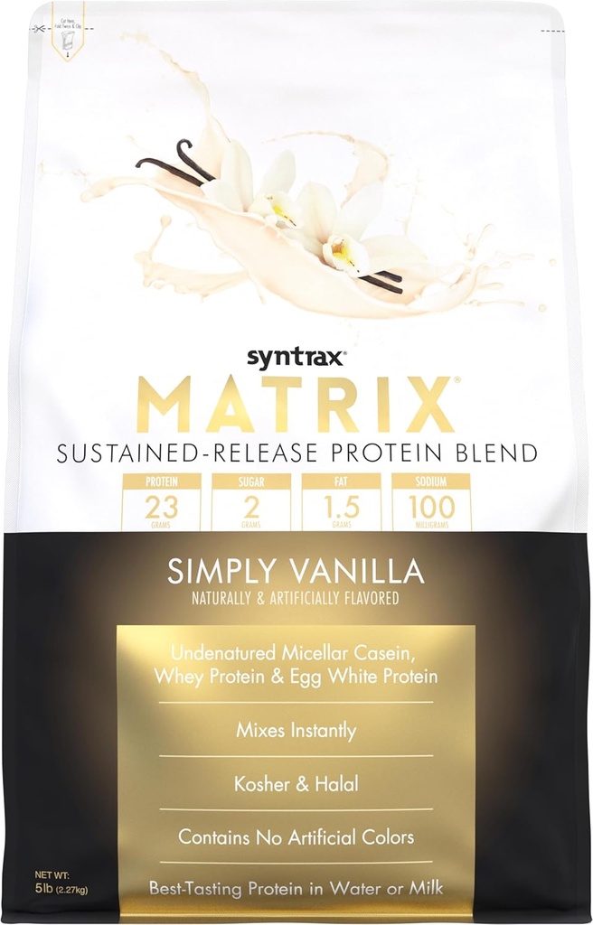 Matriz de nutrición sintráx - Proteína de liberación sostenida Blend, simplemente vainilla 5 libras.