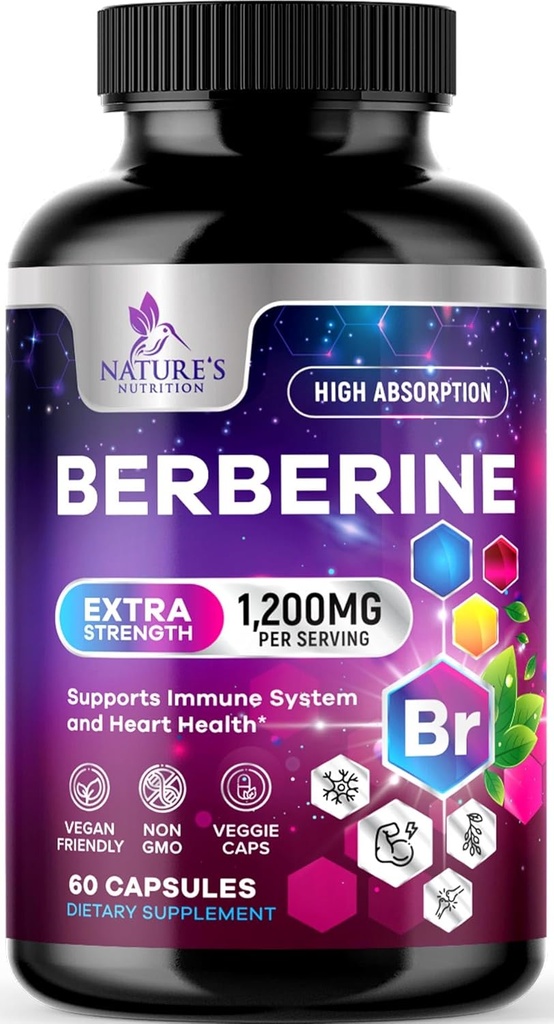 Berberine HCL 1200mg Supplement - Berberine HCI Capsules High Absorption Supplement for Heart Health & Immune Support, High Strength, Gluten-Free, Vegan, Non-GMO Pills - 60 Veggie Capsules