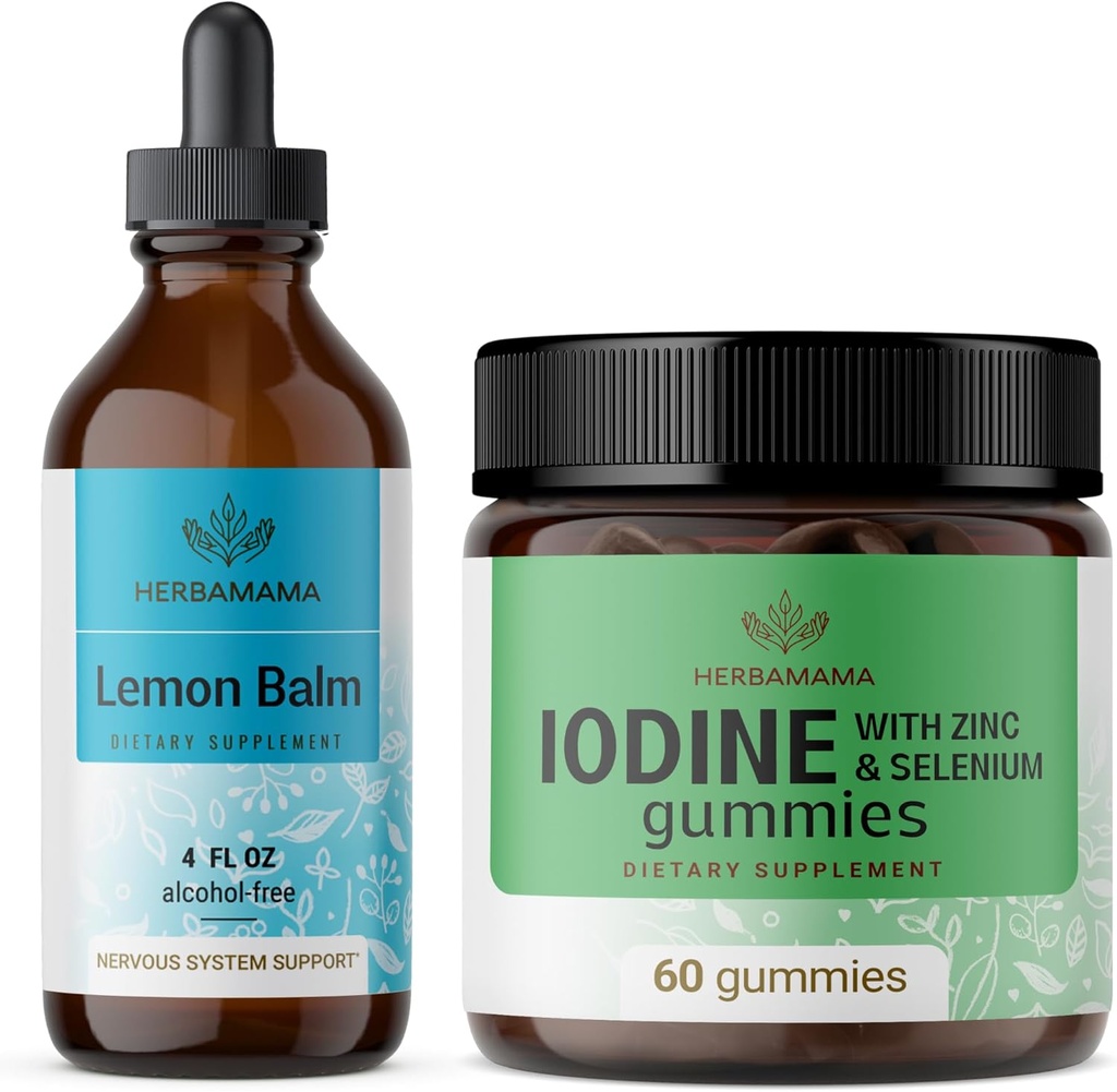 HerBAMAMA Lemon Balm and Iodine Kit - Bundle of Lemon Balm Tincture 4 fl oz " Potassium Iodine Gummies - Vegan, Non-GMO, Alcohol " Gelatin-Free - 2 Pack