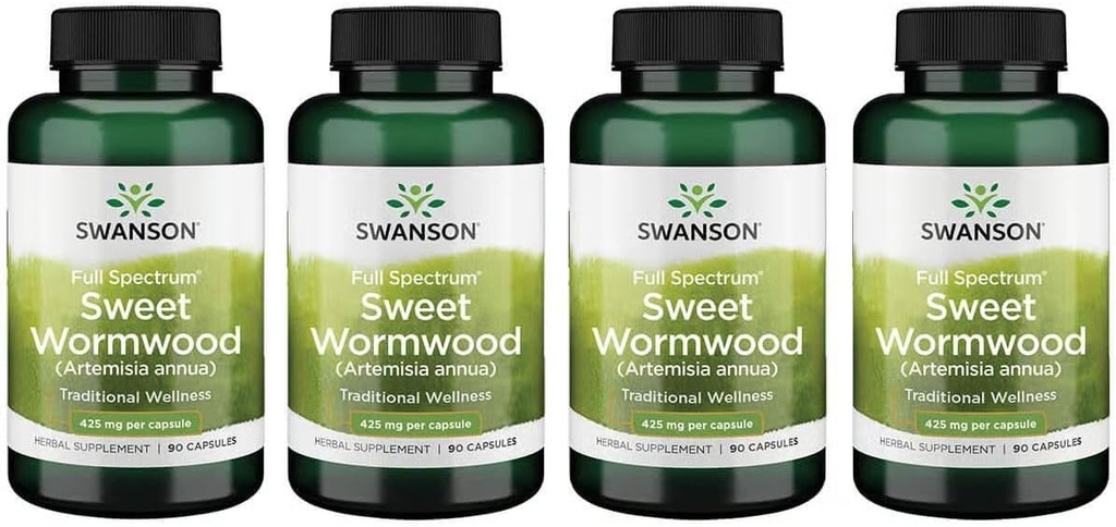 Swanson Sweet Wormwood - May Promote GI Gut Health, Microbial Balance & Digestive Health Support - Herbal Supplement with Artemisininin - (90 Capsules, 425 mg cada uno) 4 Pack