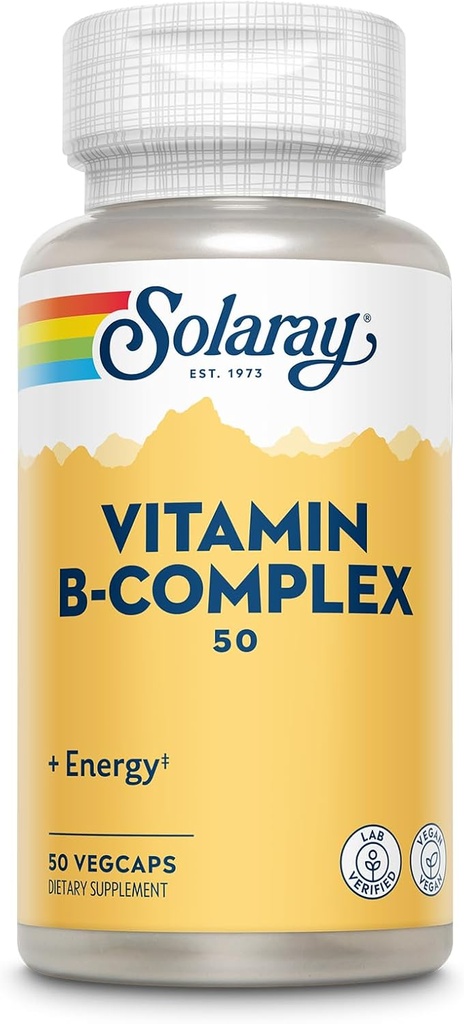 SOLARAY Vitamina B Complejo 50 mg - Vitaminas Celulares de Energía - Metabolismo y Nerve Salud Apoyo con Vitamina B12, Vitamina B1, B6, Niacina, Ácido Fólico, Biotina y Otras vitaminas B - Vegan, 50 VegCaps
