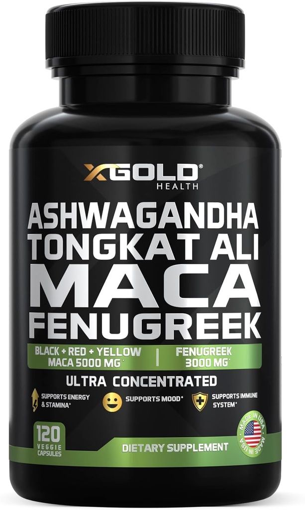Ashwagandha 5000mg + Tongkat Ali 1000mg + Maca Root 5000mg + Fenugreek 3000mg Suplemento Silencio Negro + Rojo + Amarillo Maca Root Extracto &amp; Fenugreek Herbal Suplementos para Hombres &amp; Mujeres - Made in USA