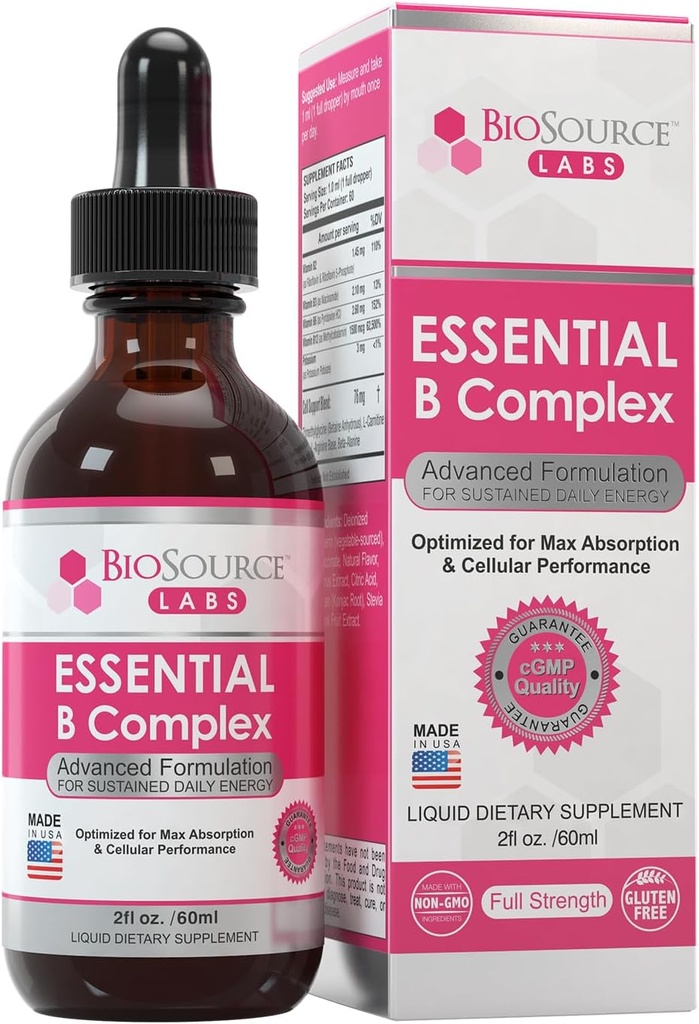 Complejo B Esencial - Vitamina Vegana diaria B-Complex Suplementaria gotas w / metil B12 (2oz / 60 ml botella) - 60 días de suministro