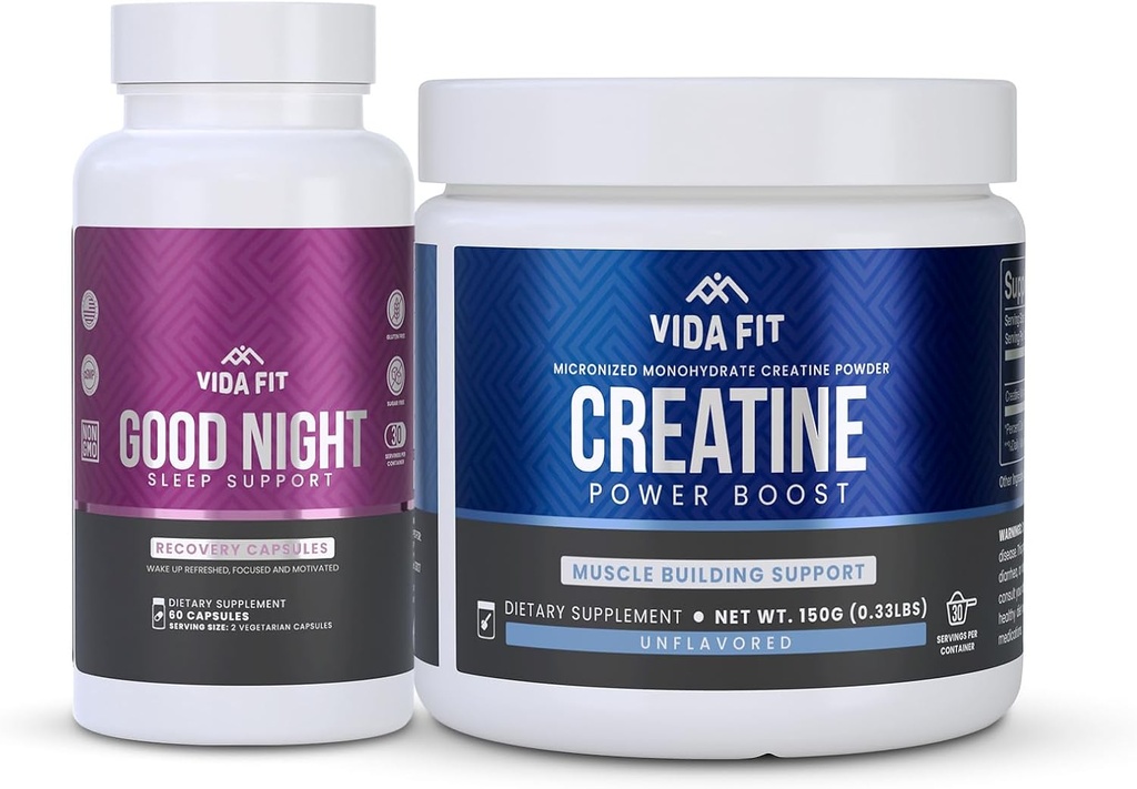 Good Night Natural Sleep Aid (60 Capsules) & Micronized Creatine Monohydrate Powder (150g) Bundle – Natural Sleep Support with Melatonin, Ashwagandha & L-Theanine, Plus Pura Creatina Vegan para la Mejora