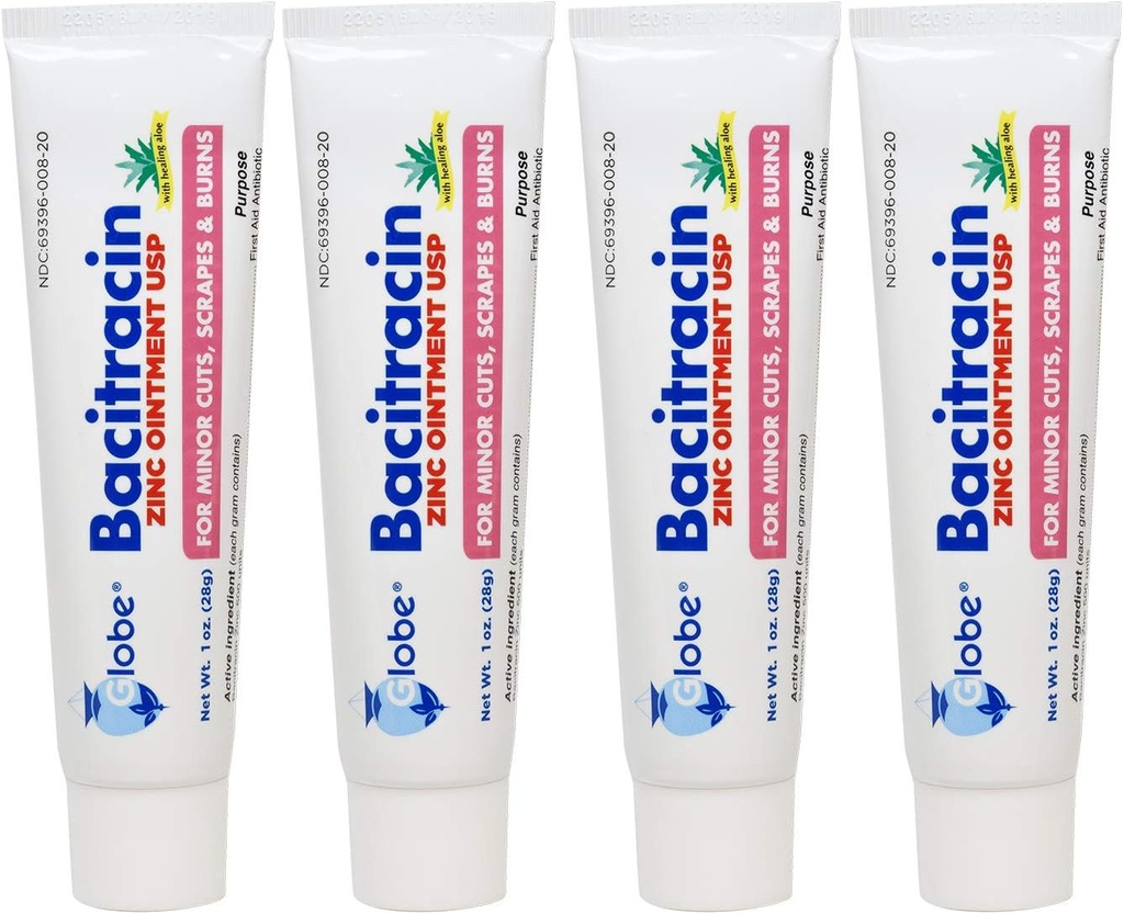 (4 Pack) Globe Bacitracin Zinc Ungüento + Aloe 1oz, ungüento antibiótico, suministros esenciales de primeros auxilios, acción curativa, potencia máxima antibiótica, evita la infección en cortes, chatarras, quemaduras