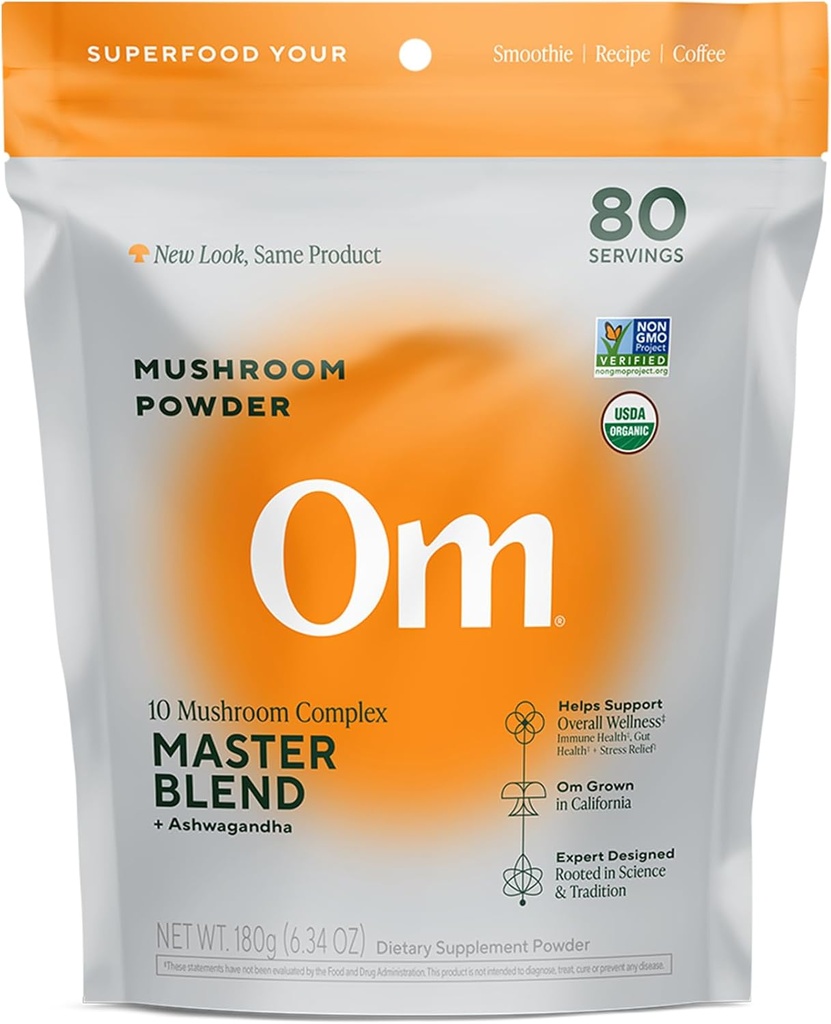 OM Mushrooms Master Blend Mushroom Powder – Suplemento orgánico de setas con 10 setas y Ashwagandha - Apoyo Immunity, Gut Health & Stress Relief, 6.34 oz (80 Servings)
