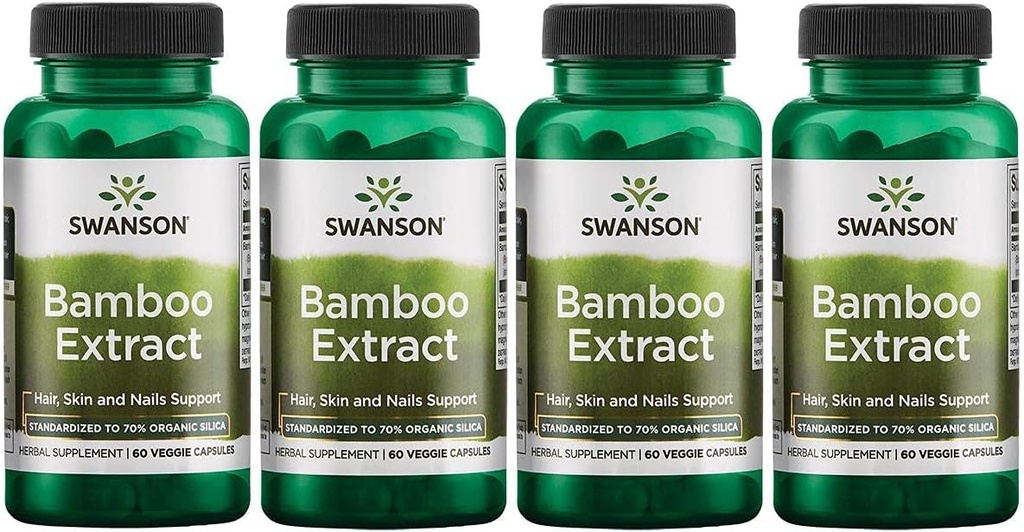 Swanson Bamboo Extract - Natural Hair, Skin and Nails Supplement - 70% Silica Content Supporting Collagen Formation & Bone Growth - (60 Veggie Capsules, 300mg Each) 4 Pack