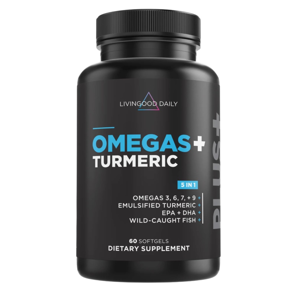 Livingood Daily Triple Omega 3 6 9 Suplemento Plus Turmeric Curcumin, DHA &amp; EPA, Fish Oil Supplements for Brain & Heart Health and Joint Support, Advanced Absorption, Gluten Free, Non GMO, 60 Softgels