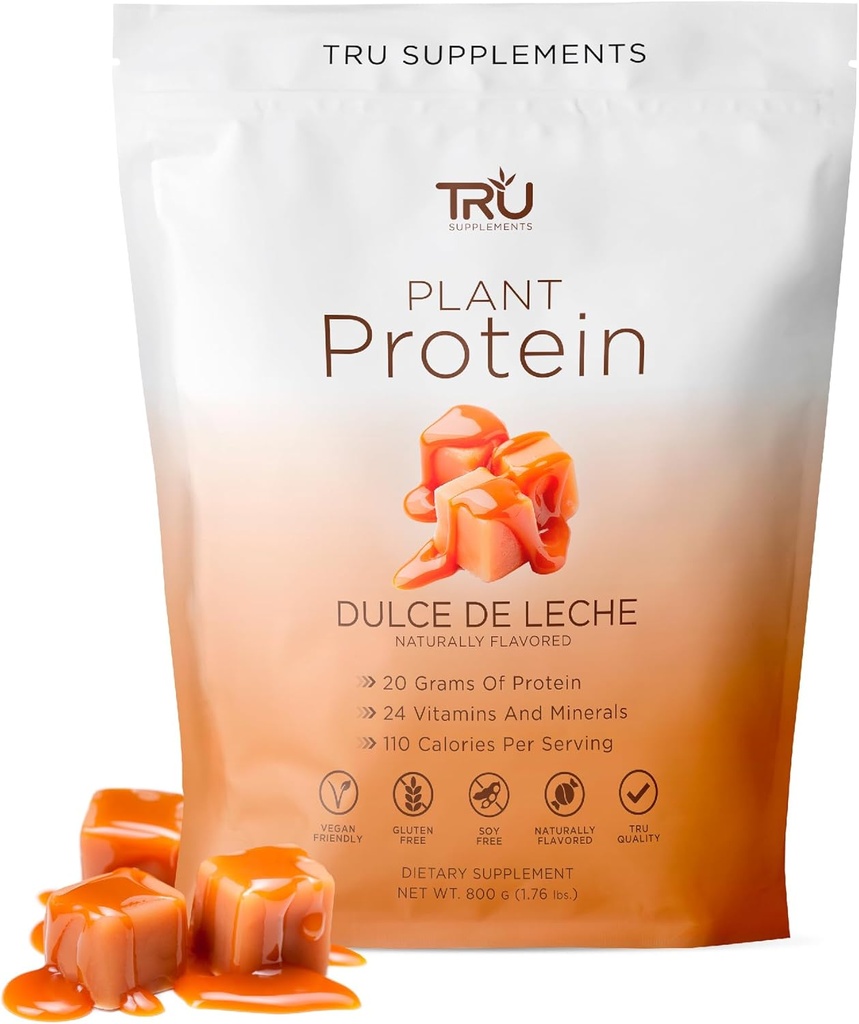 TRU Suplementos Pólvora de proteínas de base vegetal, BCAA, EAA, 20g Arroz de marrón vegano &amp; Pea Proteína, 100 Calories, 27 Vitaminas, Sin sabores artificiales 25 Actuaciones 25 Actuaciones (Dulce De Leche)
