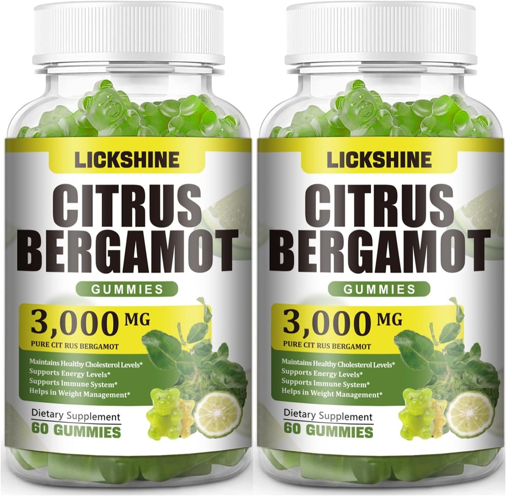 2 Pack 3000MG Citrus Bergamot Gummies - Citrus Bergamot Extracto Colesterol Suplemento de reducción de apoyo inmunitario Anti-Aging, Hight Cholesterol Lime Vegan libre de azúcar Flavor 120 Cts