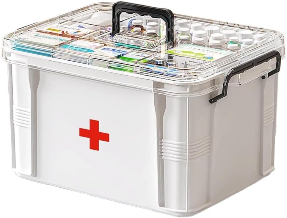 Caja de almacenamiento de medicamentos, organizador de botellas, doble compartimiento, transparente, gran capacidad, blanco