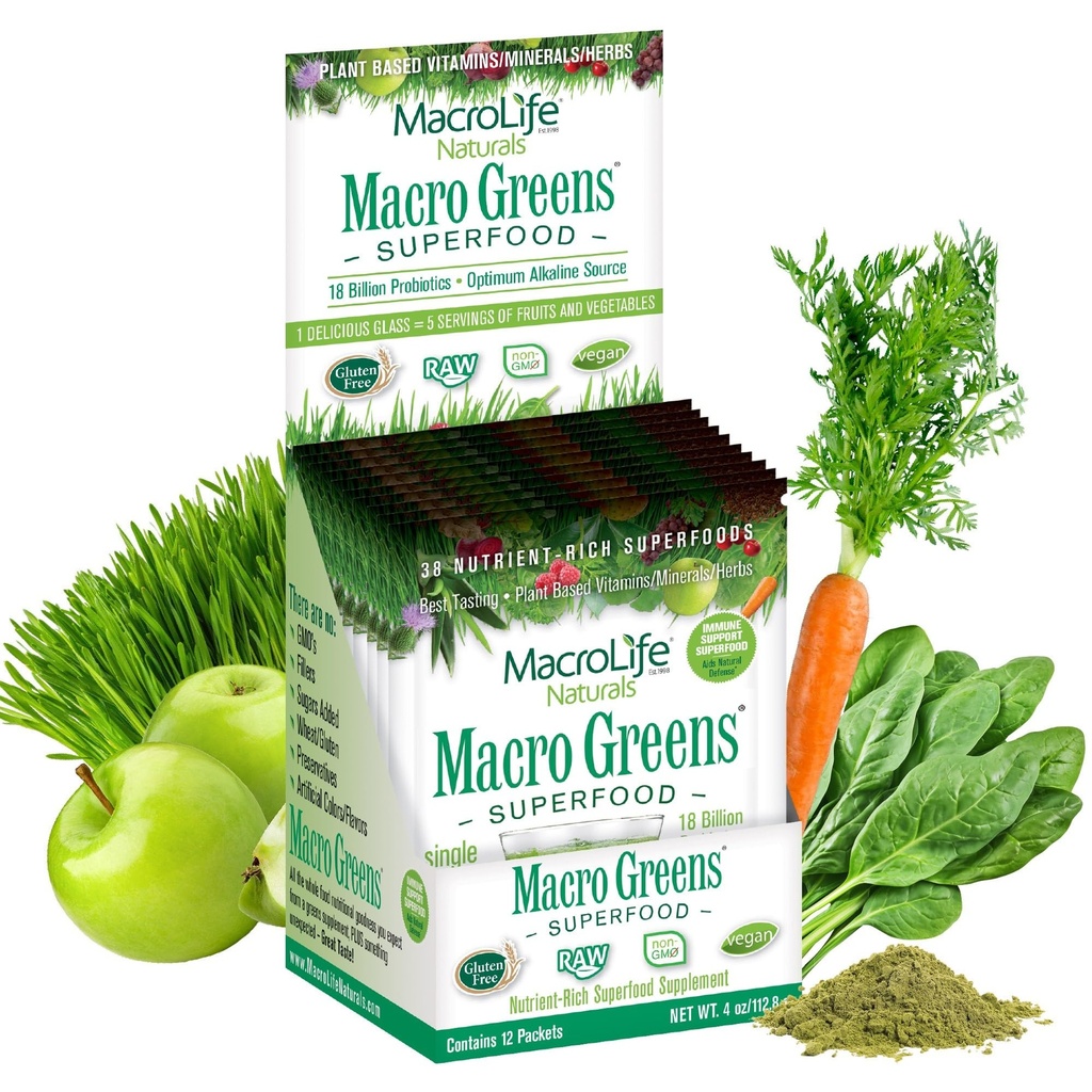 MacroLife Naturals Macro Greens Powder 38 Superfood Probiotic Antioxidant Enzyme & Herbal Suplemento Inmunity Energy Cleanse - Non-GMO Vegan Gluten-Free Dairy-Free (12 Servings)