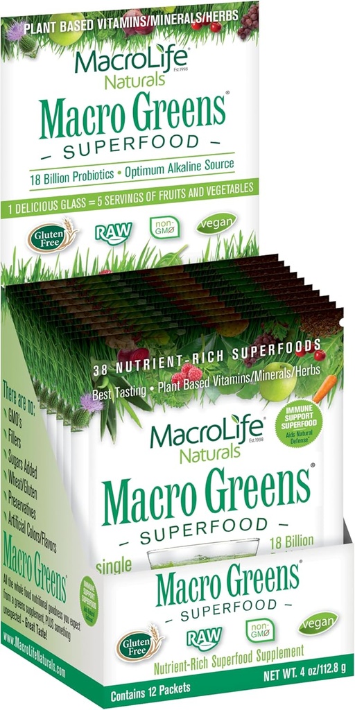 MacroLife Naturals Macro Greens Powder 38 Superfood Probiotic Antioxidant Enzyme & Herbal Suplemento Inmunity Energy Cleanse - Non-GMO Vegan Gluten-Free Dairy-Free (12 Servings)