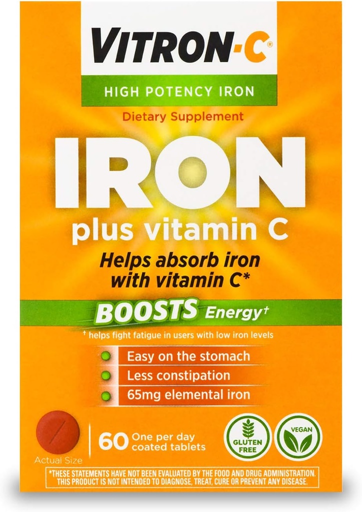Suplemento de hierro de alta potencia Vitron-C con 125 mg de vitamina C, 60 Cuenta