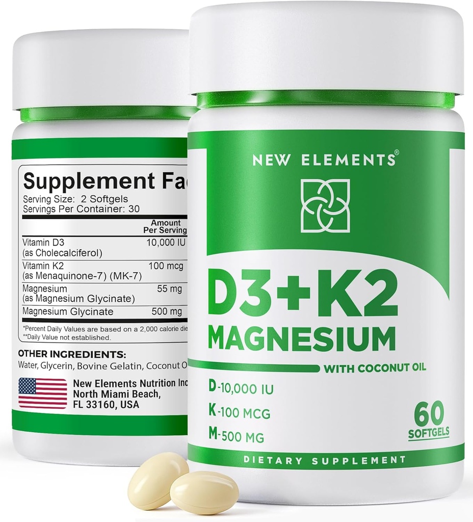Nuevos elementos Vitamina D3 K2 10,000 UI con Magnesium Glycinate 500mg - Bone Health, Immune Support, Energy & Mood - Non-GMO, Gluten-Free, Sugar-Free Softgels for Women &amp; Hombre (60 softgels)
