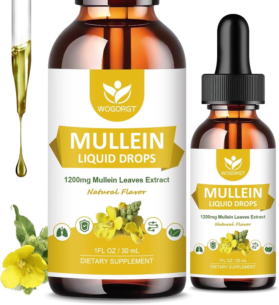 4-en-1 Mullein Leaves Extract Drops for Lungs - Respiratory Support and Lungs Cleanse, Mullein Liquid Supplements with Elderberry, Marshmallow Root & Orange Peel, Natural Flavor, 1 Fl Oz (2 Pack)