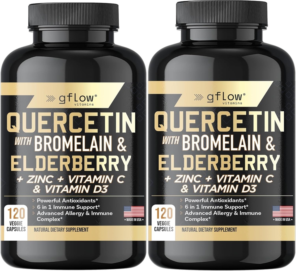 Quercetina con bromelaina Zinc Vitamina C Vitamina D Elderberry - 120 Veggie Capsules, Non-GMO, Gluten-Free ¦ Immune Support Suplemento TEN Made in USA ← 4 Months Supply