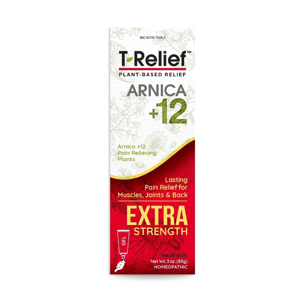 MediNatura T-Relief Extra Strength Gel Arnica +12 Activos de Alivio Natural para Atrás Dolor Conjunto Soreness Muscle Aches &amp; Stiffness Todo el cuerpo Actuación rápida para Mujeres &amp; Hombre - 3 oz