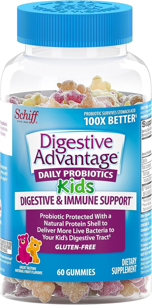 Beneficios Digestivos, Gummy Probiótico para Niños, 60 Gummies, Libre de gluten, Supervive 100x Mejor, Sabores de Frutas Surtidos, Apoya Salud Digestiva en Niños