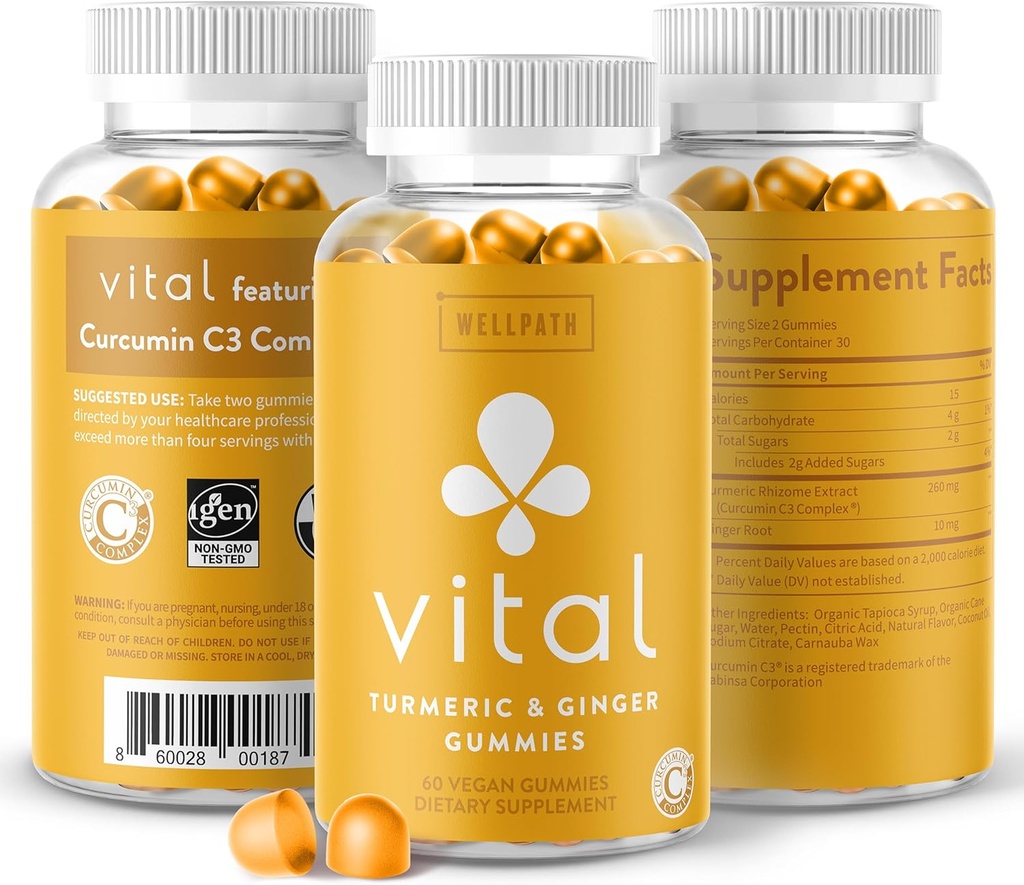 WellPath Vital Turmeric Gummies + Ginger - Joint Support Curcumin Supplement, Turmeric Curcumin C3 Complex, Tasty Alternative to Capsules, Turmeric " Ginger Root, Tropical Flavor Chews, Vegan, 60 Ct
