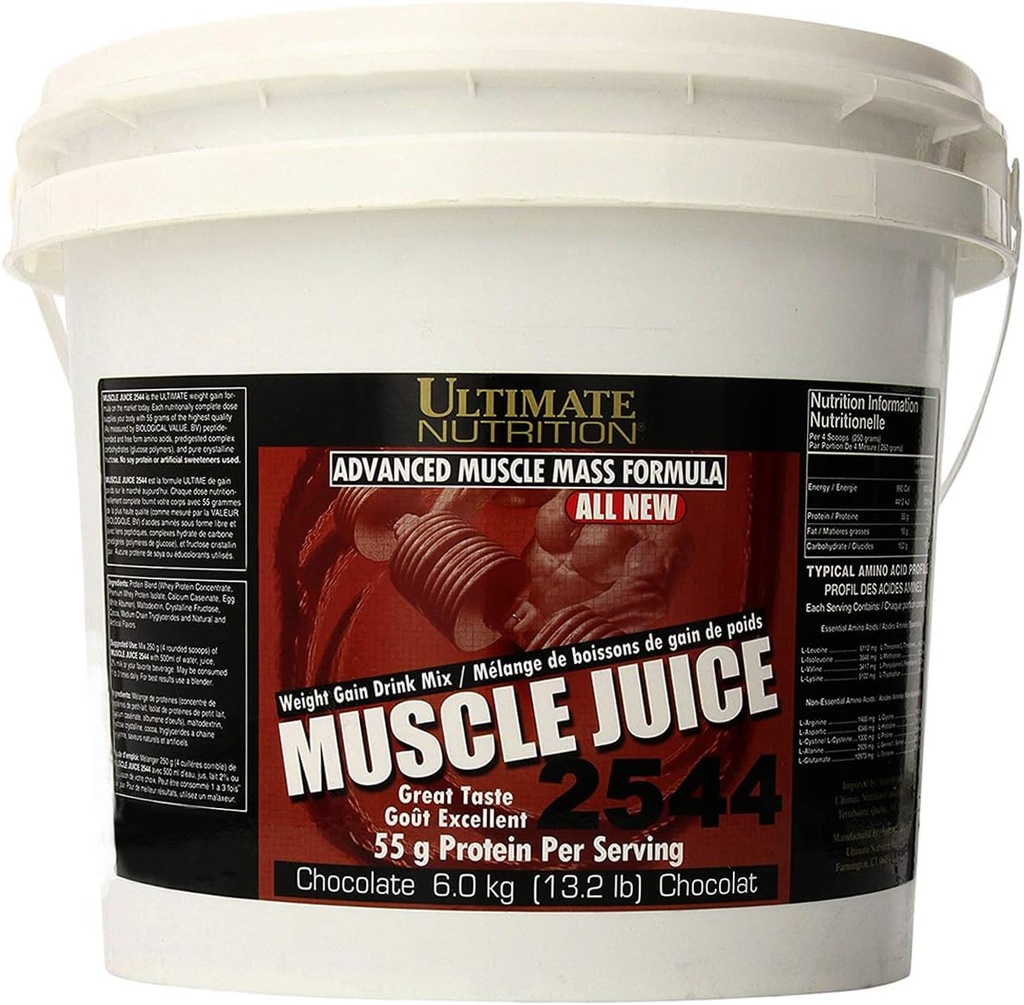 Ultimate Nutrition Muscle Juice, Weight Gain Drink Mix - Mass Gainer Workout Powder for Men &amp; Women - Suplemento para el crecimiento del músculo magro &amp; Immune Support with 55g Protein - Chocolate, 13.2lb
