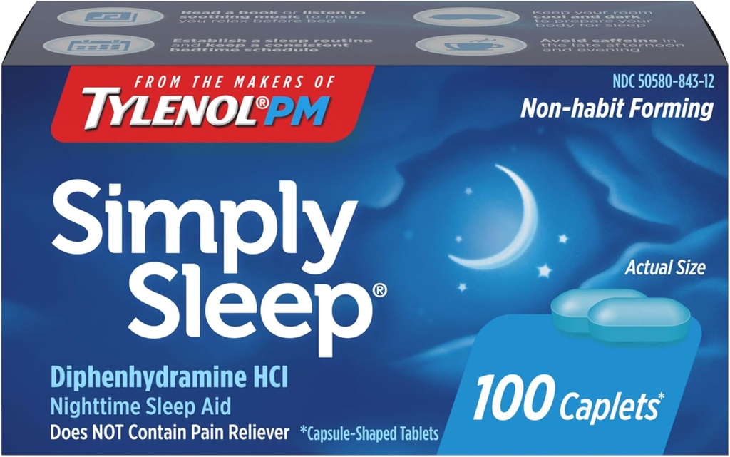 Tylenol Simple Sleep Nighttime Sleep Aid Caplets, 25 mg Diphenhydramine HCl, Non-Habit Forming Sleep Aid for Adults, 100 Cuentas