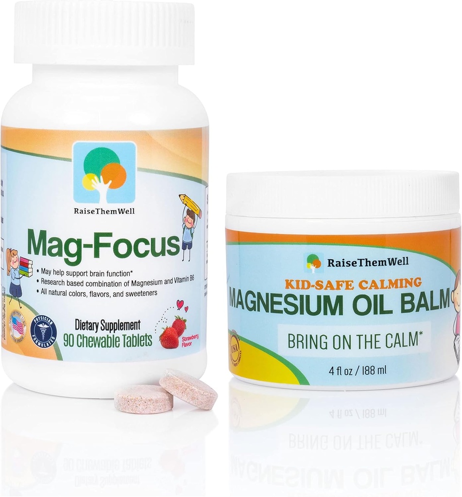 Natural Strawberry Flavored Magnesium Focus Suplemento para niños y niños seguros Magnesium Oil Balm Bundle