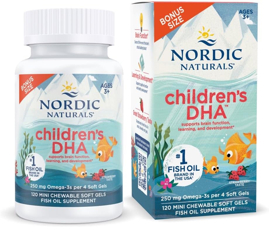Naturales nórdicos DHA, Fresa - 120 Mini Chewable Soft Gels para niños - 250 mg Omega-3 con EPA &amp; DHA - Función de desarrollo del cerebro - No GMO - 30 Servimientos
