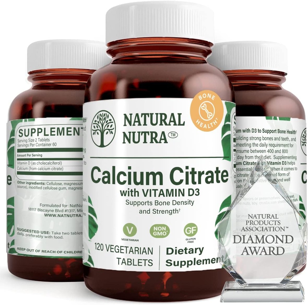 Citrato de calcio natural Nutra con vitamina D3, Suplemento para la fuerza ósea, promueve los movimientos musculares " Done Health, Boost Heart Health, Fortalecer la densidad ósea, Ideal para adultos mayores activos, 120 Tablets