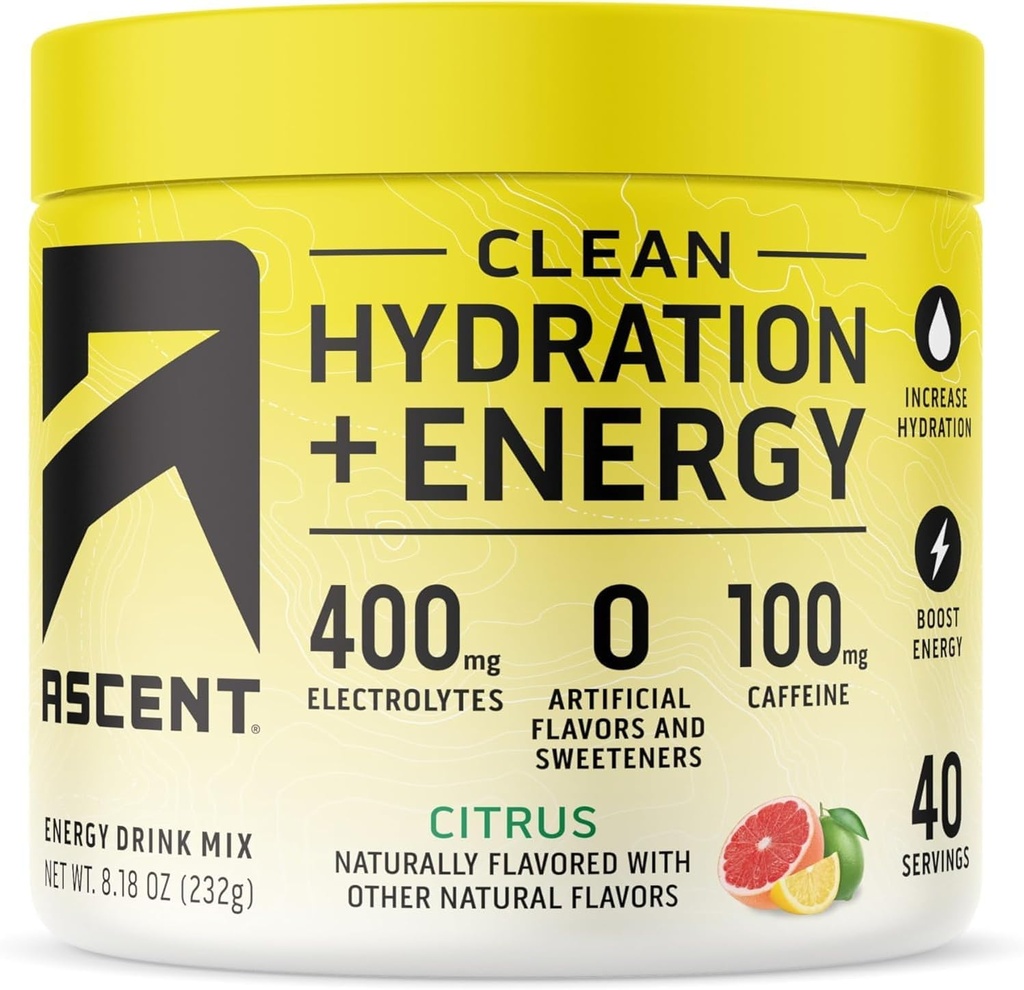 Ascent Clean Hydration + Energy Electrolytes Powder - 100mg Caffeine, 400mg Electrolytes, Sin ingredientes artificiales, Citrus 40 Servings