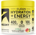 Ascent Clean Hydration + Energy Electrolytes Powder - 100mg Caffeine, 400mg Electrolytes, Sin ingredientes artificiales, Citrus 40 Servings