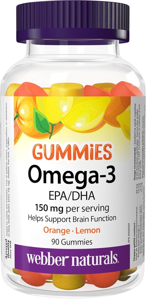 Webber Naturales Omega-3 Gummies 50 mg EPA/DHA · EPA/DHA, Orange · Cereza · Lemon, 90 Gummies