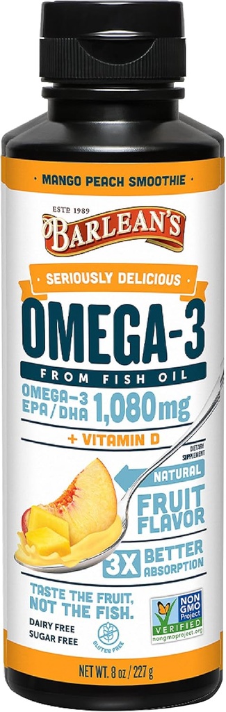 Suplemento líquido de aceite de pescado Omega 3 de Barlean con vitamina D para hombres y mujeres, Mango Peach, 1080 mg EPA y DHA Fatty Acid, 8 oz