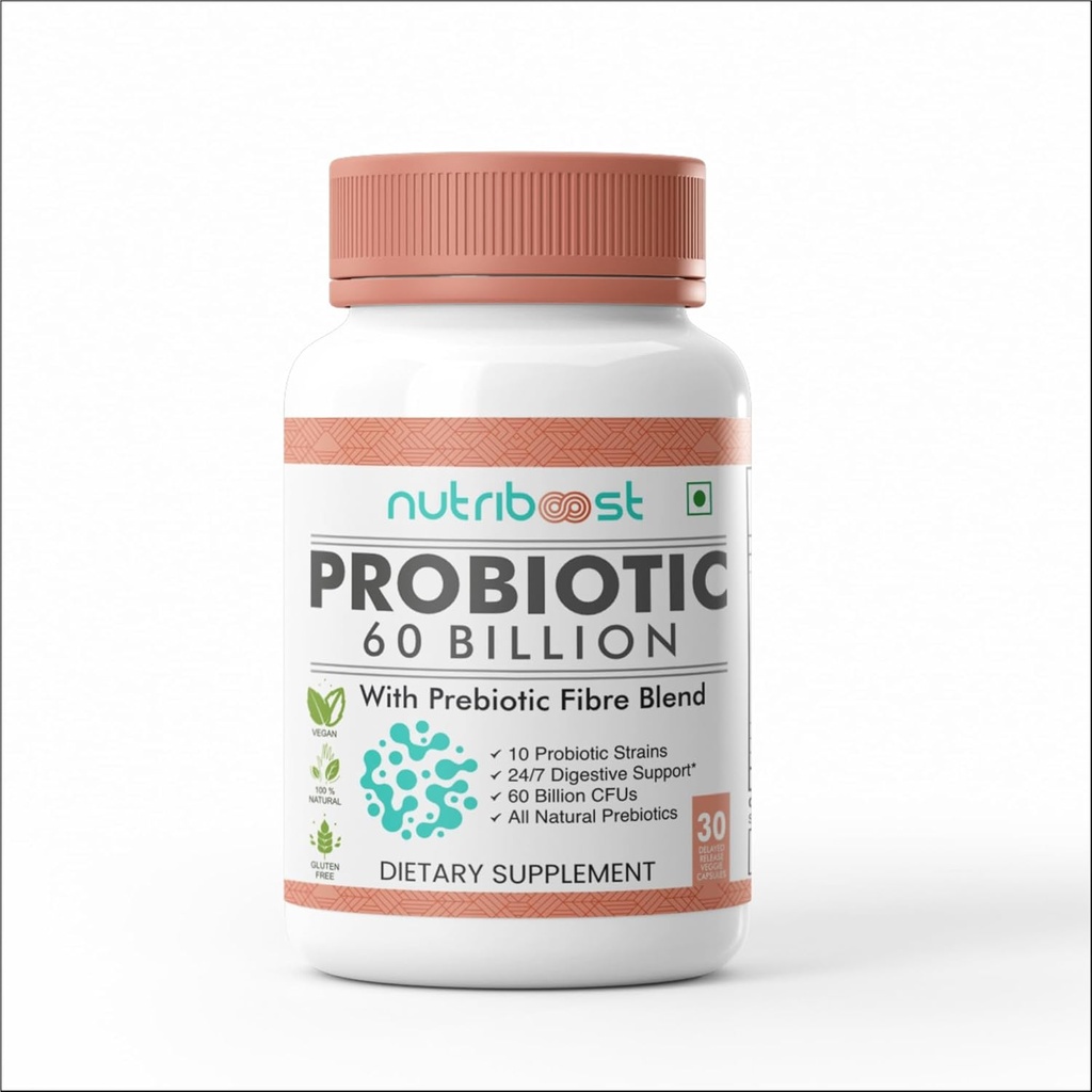 Probiótico con cápsulas vegetales de fibra probiótica - 60 billón CFU -10 Strains probióticos/Digestión más fácil, Nutrición total/Orgánica/Natural para hombres y mujeres (60.0 Servings)