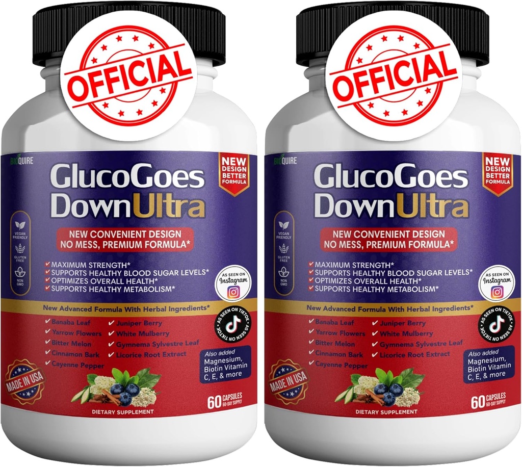 GlucoGoes Down Ultra Dietary Supplement, 120 Capsules, Maximum Strength, Supports Healthy Blood Sugar Levels, Optimizes Global Health - Pack of 2
