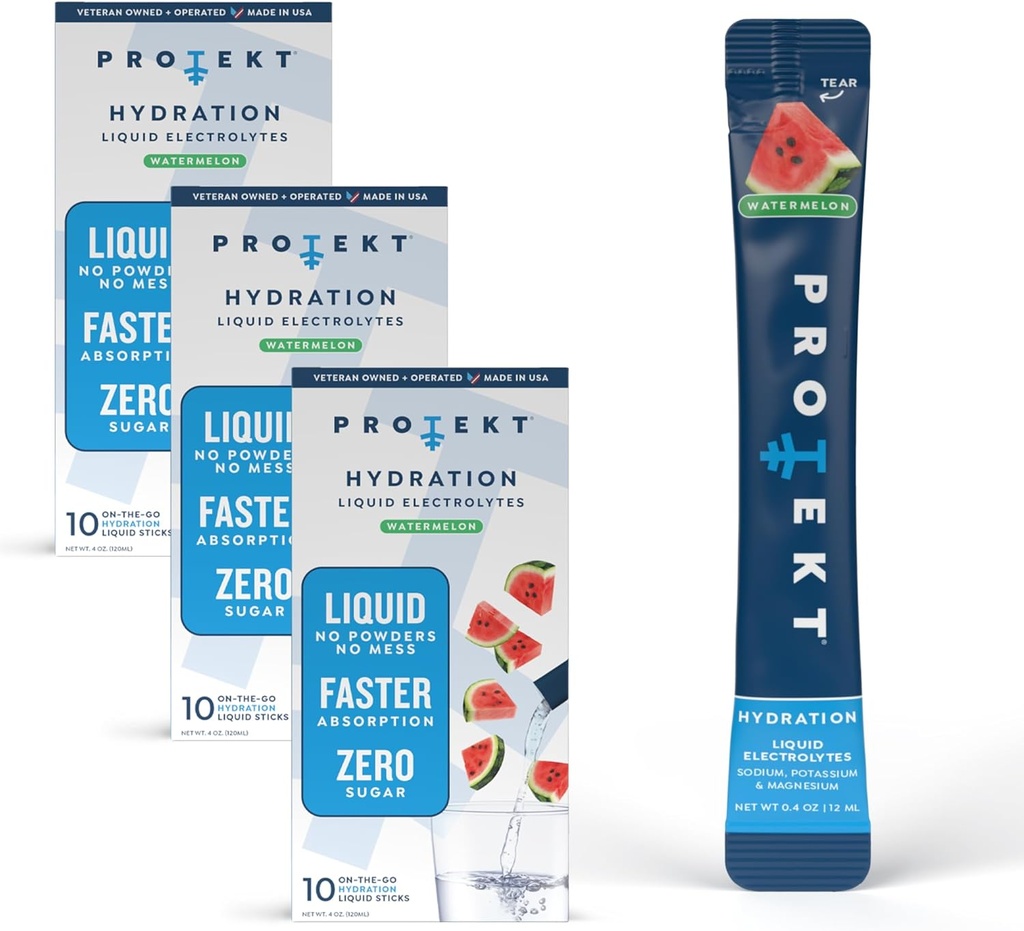 PROTEKT Electrolyte Packets for Recovery & Hydration | Organic & Sugar-Free Electrolytes Drinks | Works Faster Than Powder Drink | On-The-Go Liquid Hydration Drink | Watermelon, 30 Pack
