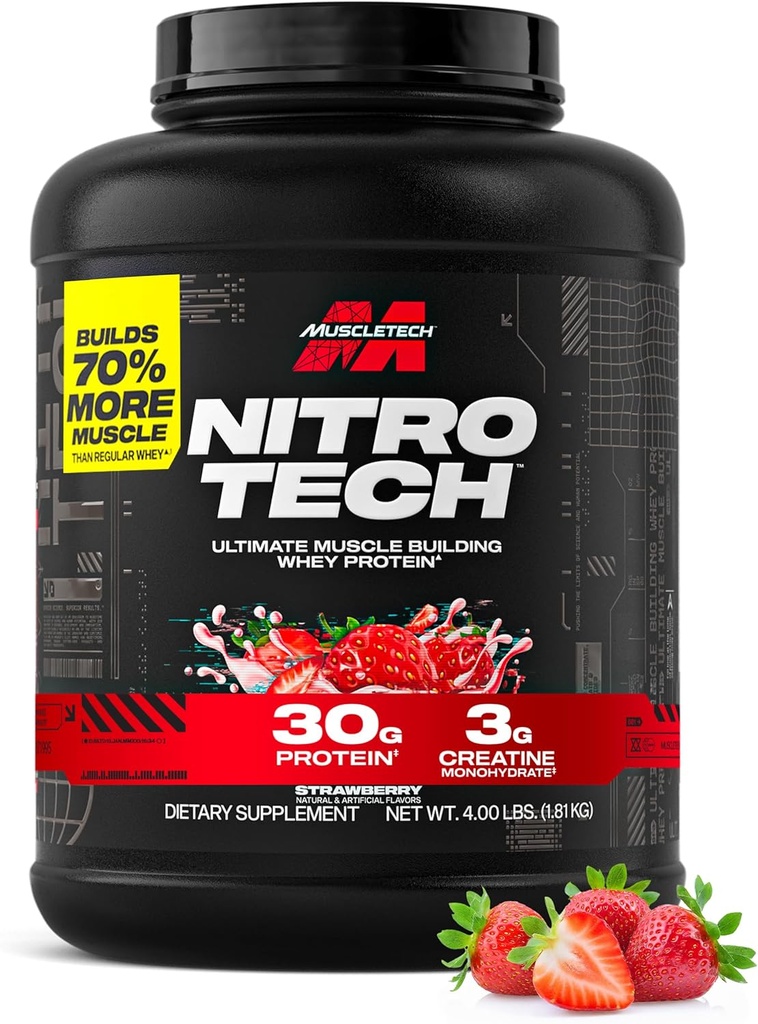 Muscletech Whey Protein Powder (Strawberry, 4 libras) - Nitro-Tech Ultimate Muscle Building Formula with Whey Protein Isolate - 30g of Protein, 3g of Creatine &amp; 6.8g de BCAA - Packaging May Vary