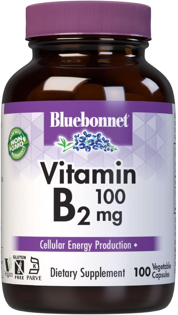 Bluebonnet Nutrition Vitamina B2 100 mg, para la salud del sistema cardiovascular y nervioso, libre de soja, libre de gluten, certificado de Kosher, libre de lácteos, vegano, no GMO, 100 cápsulas vegetales, 100 piezas