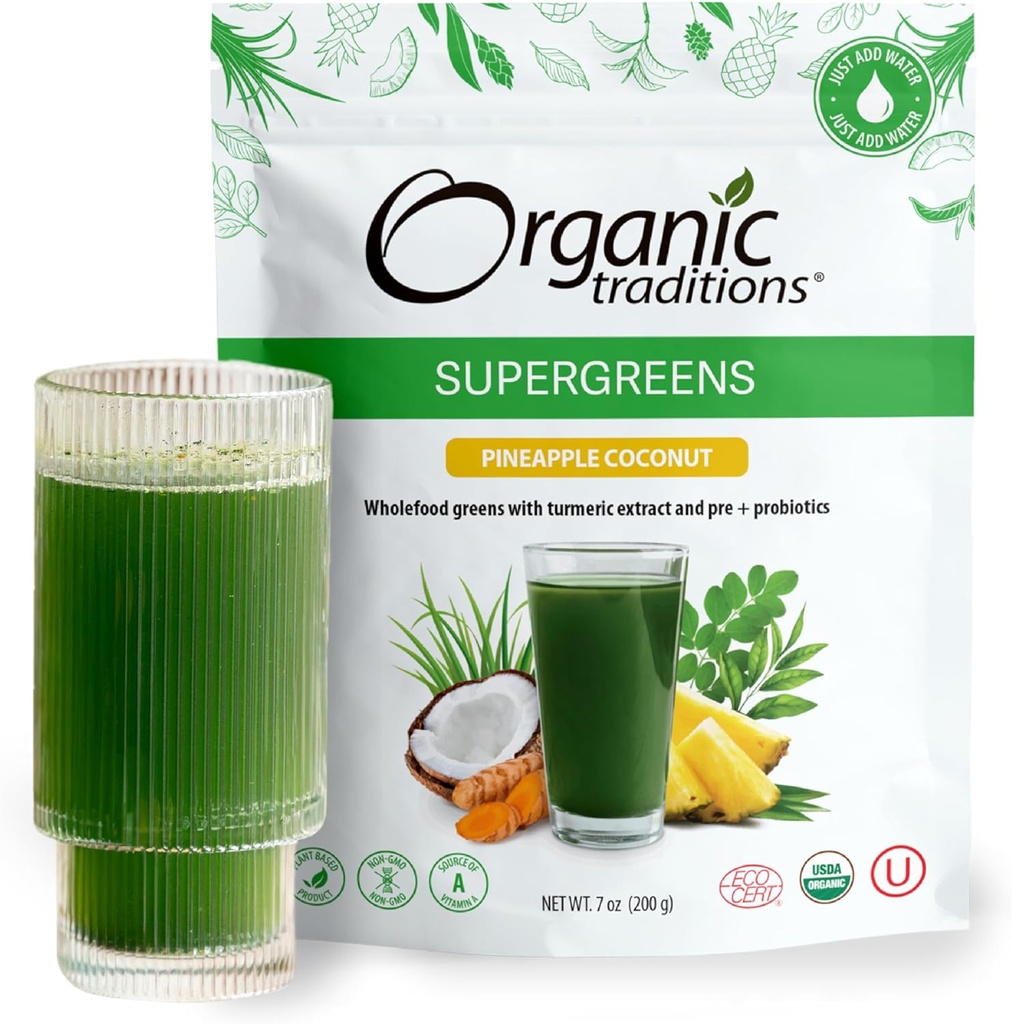 Tradiciones Ecológicas Super Verdes Polvo Superalimento con Turmérico, Piña Coco Pino Verdes Ecológicos Saborizado Polvo Superalimentario, 200g / 7oz Bolsa