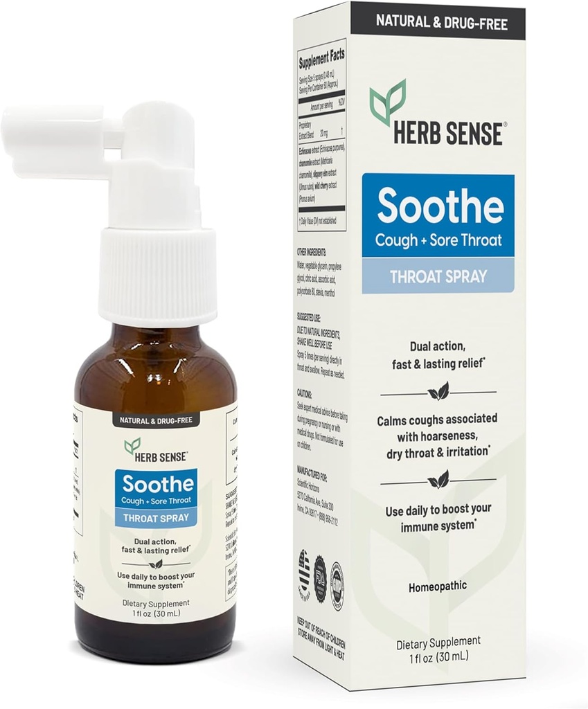 Herb Sense Throat Comfort Spray ¦ Cooling " Soothing with Slippery Elm, Echinacea " Chamomile  durable Natural Extracts (1 fl oz)