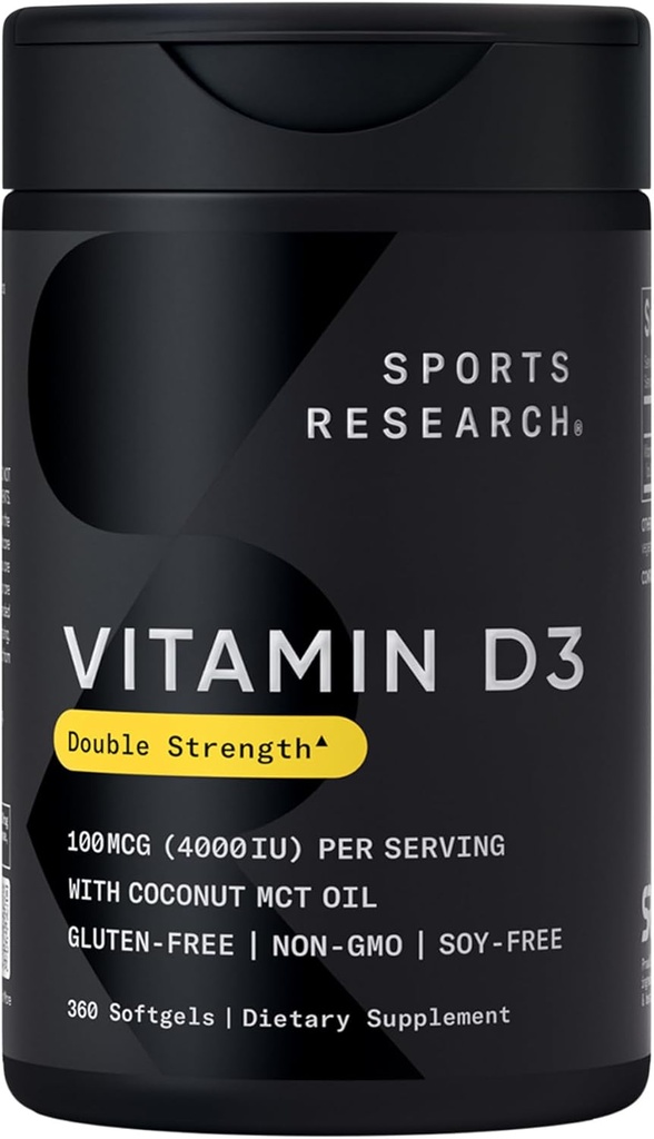 Sports Research® Vitamina D3 4000 UI con aceite de MCT de coco - Suplemento de vitamina D de doble resistencia - sin gluten · No GMO · Soy Gratis - 360 Conde Softgels