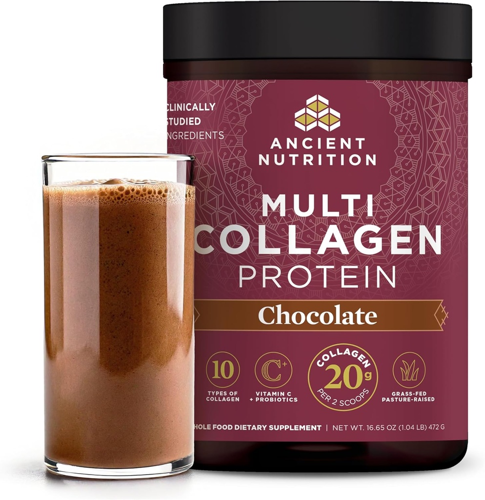Nutrición antigua Péptidos de colágeno hidrolizado Polvo con Probióticos, Chocolate Proteína multi colágeno para Mujeres y Hombres con Vitamina C, 40 Servimientos, Apoya la piel y las uñas, Gut Health, 16.65oz