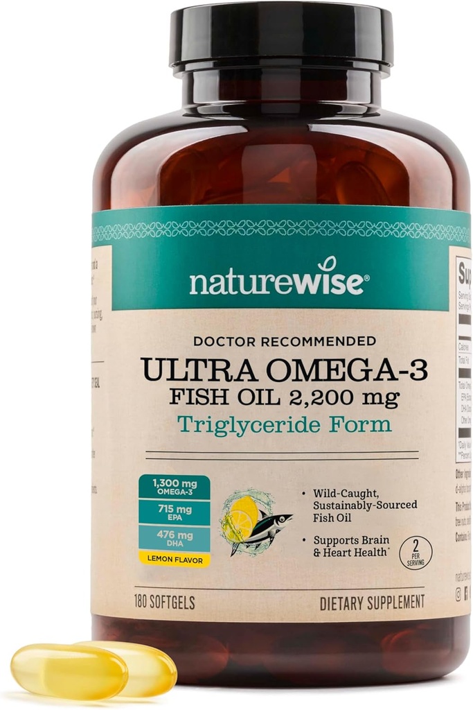 NatureWise Ultra Omega 3 Fish Oil 2200 mg - Triglyceride Form - Lemon Flavor - Wild-Caught Fish Oil + EPA & DHA - Supports Brain & Heart Health - Burpless, Non-GMO - 180 Softgels[3-Month Supply]